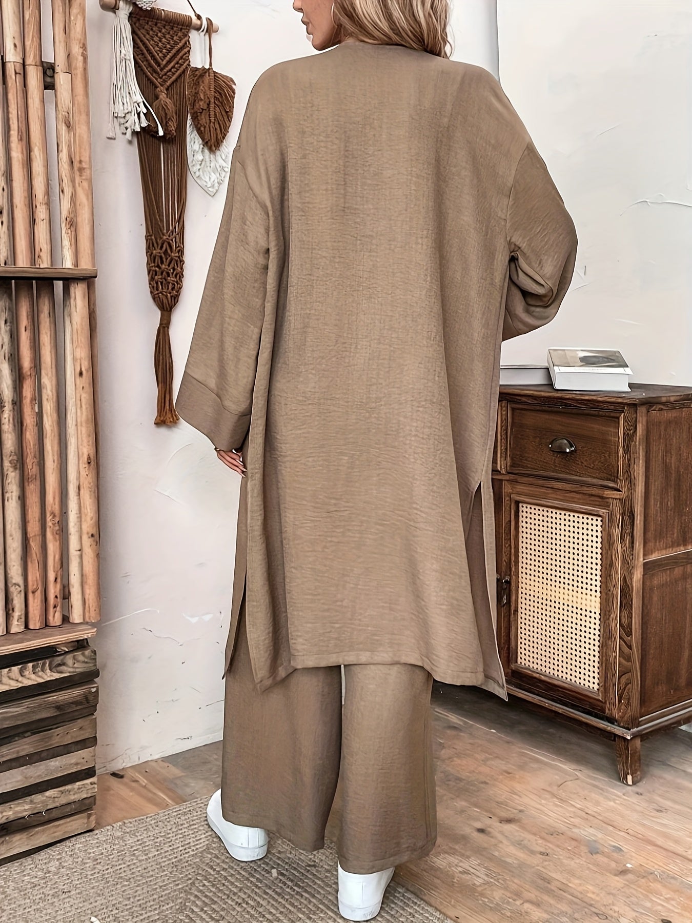 Women'S Loose Long Coat And Versatile Wide-Leg Pants Casual Two-Piece Suit